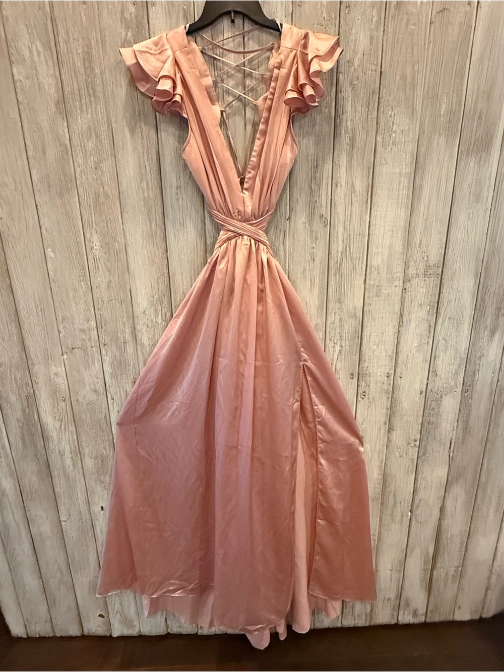 Maniju rose pink Ruffled Sleeve Maxi Dress with Crisscross Back NWT
